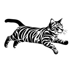 A Bengal cat playfully leaps across a space with a striking striped coat, showcasing its agility and grace in a lively moment