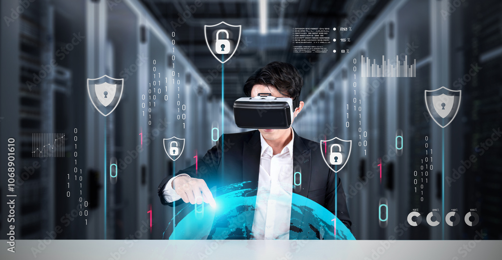 Poster businessman with goggles working while using security protection. manager with formal suit checking 