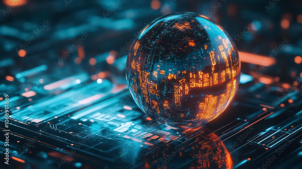 Poster A futuristic sphere with glowing patterns on a circuit-like surface, representing technology.