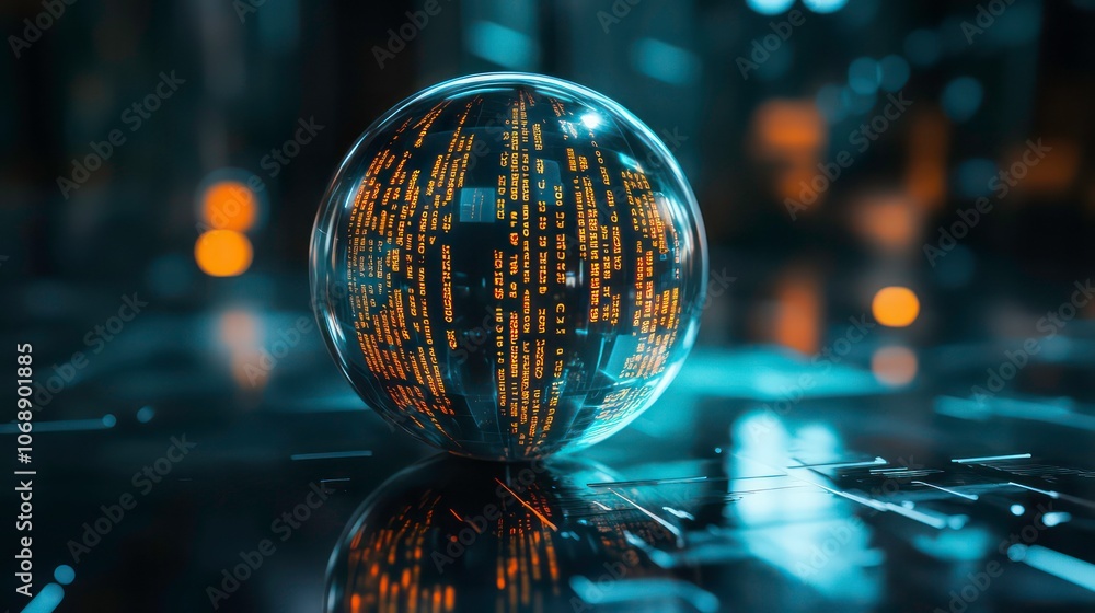 Poster A glass sphere displaying glowing binary code, set against a dark, futuristic background.