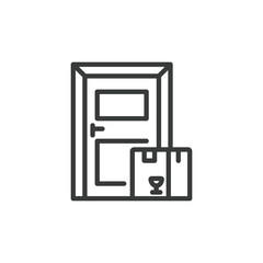 Delivery to the door, icon in line design. Delivery, door, home, parcel, package, shipping, service on white background vector. Delivery to the door editable stroke icon