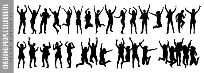 Silhouette of cheering crowd or people at concert raising hand, man and woman jumping during party dance and happy family or friends holding hand for joy celebration. Youth business success symbol.