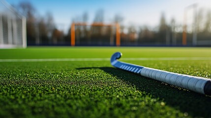 Hockey stick on green field, sunny day, sports concept