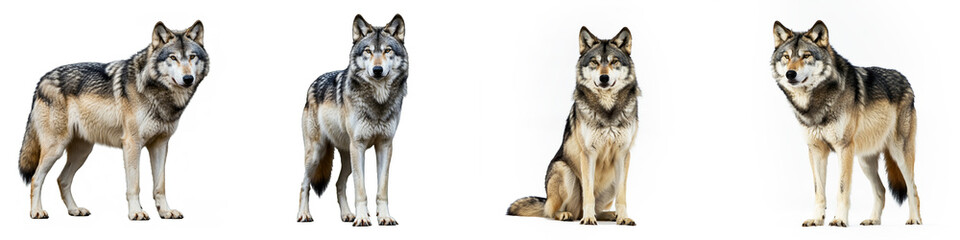 Grey Wolf Wild Life Animal Set, Isolated on A White Background
