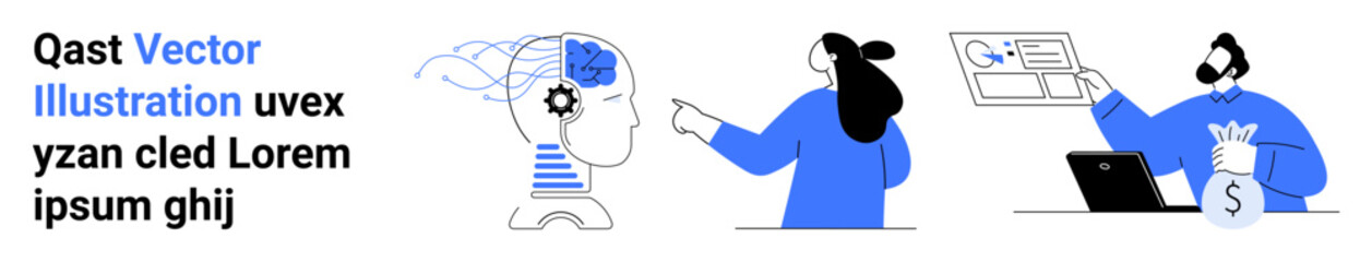 Person analyzing AI brain interface, another presenting data, and third with financial data and laptop. Ideal for AI research, tech innovation, data analysis, financial consulting, business strategy