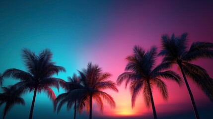 Silhouetted palm trees against a vibrant colorful sunset with a gradient sky ranging from blue to pink and purple hues creating a tropical and serene atmosphere.