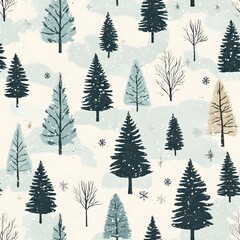 snowing in the mountain with christmas trees seamless pattern