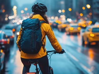 Delivery rider on bicycle with large backpack in city street, AI generated
