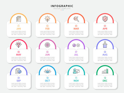 Timeline Creator infographic template. 12 months timeline journey, 1 year calendar infographics design template. presentation graph. Business concept with 12 options or steps, vector illustration.