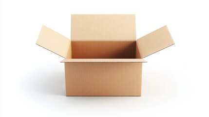 An open cardboard box with flaps open. Isolated on a white background. 