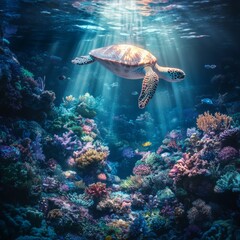 Naklejka premium Serene Sea Turtle Swimming in Coral Reef Paradise