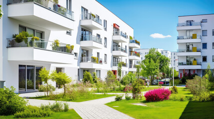 Modern Apartment Buildings with Green Lawn on Sunny Day