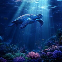 Fototapeta premium Graceful Sea Turtle Swimming in Vibrant Coral Reef