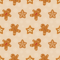 Christmas pattern with gingerbread man on a light background. Seamless background perfect for use in textiles, wallpapers, and festive decorations.