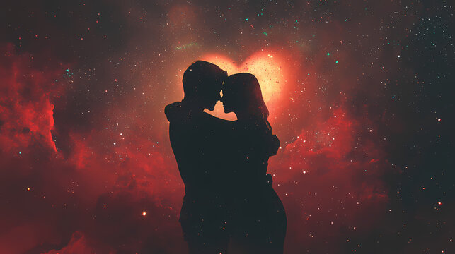 An ethereal scene of two lovers embracing in space, surrounded by constellations, with a glowing heart nebula illuminating the dark void, conveying cosmic love and connection. Cosmic. Illustration
