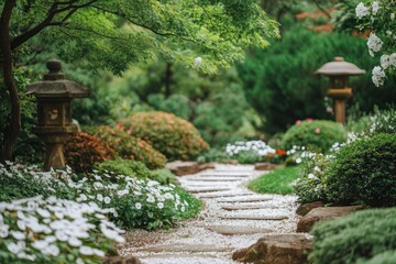 A winding stone path leads through a serene Japanese garden, with traditional stone lanterns and lush greenery.