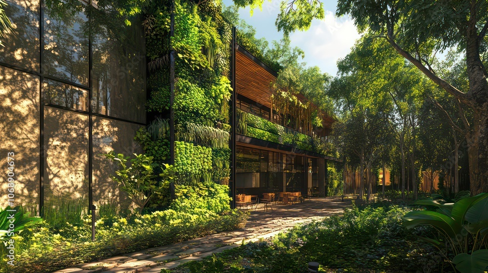 Poster a modern building enveloped in greenery, surrounded by trees and a serene pathway.