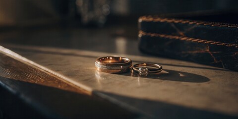 Obraz premium Wedding Rings on Marble Surface in Warm Light