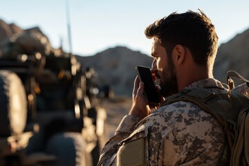 A young soldier, wearing a backpack and camouflage, uses a cell phone beside a military vehicle in a desert-like environment, embodying readiness and adaptability.