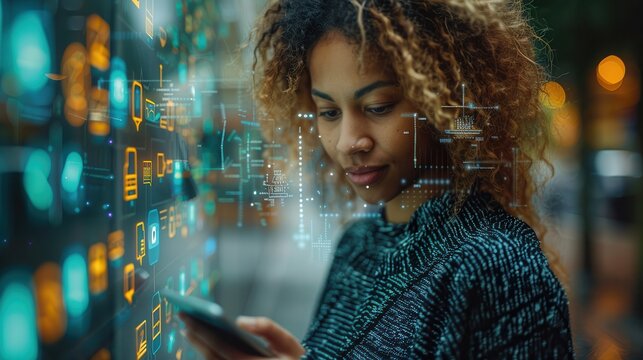 Young Woman Using Smartphone with Digital Overlay - Powered by Adobe