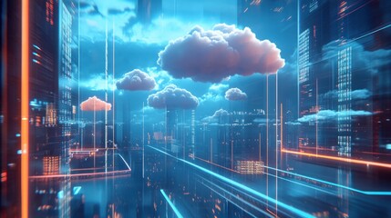 A futuristic depiction of cloud computing, with digital clouds hovering over a network of data centers and servers