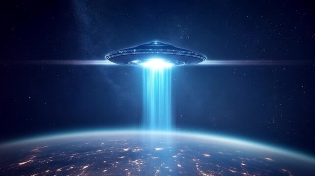 
Stunning ufo hovering in the night sky above earth on world ufo day