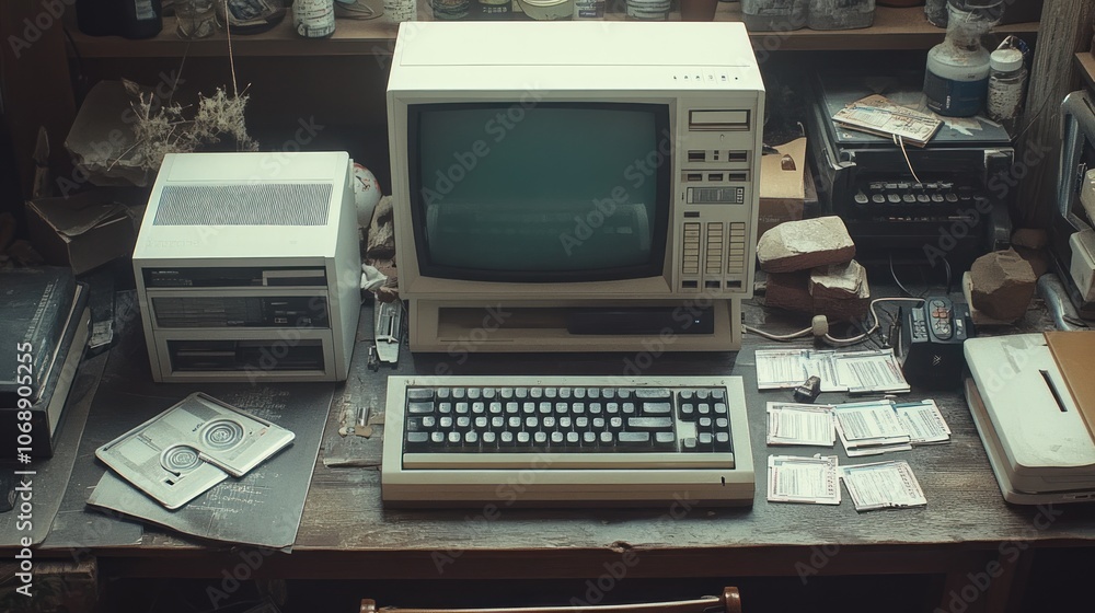 Poster an old computer with a crt monitor and a floppy disk sits on a wooden desk with a keyboard and other