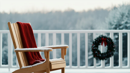 A cozy wooden chair with a red blanket sits on a snowy balcony, adorned by a festive wreath against a serene winter backdrop.