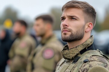 Fototapeta premium A focused soldier stands in a line with others during a military drill, reflecting discipline, duty, and camaraderie, set against an outdoor backdrop of purpose.