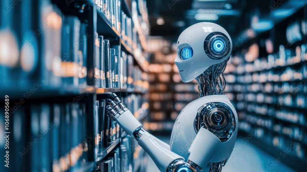 Poster robot in modern library setting