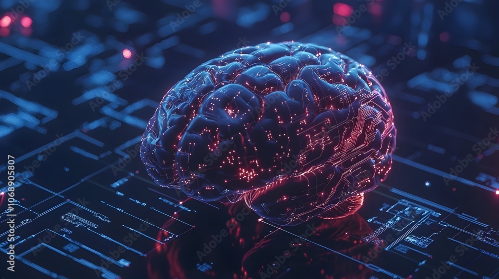 Poster digital brain with glowing neural connections symbolizing ai driven mental health monitoring