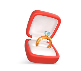 Engagement ring with precious stone in open box. Wedding gold ring and diamond in red case. Accessory for marriage proposal. Vector illustration