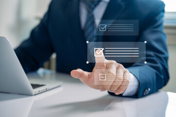 Digital Task Verification and Approval, Businessman Touching Virtual Checklist Interface, Symbolizing Efficient Workflow, Success, and Goal Management in a Professional Setting