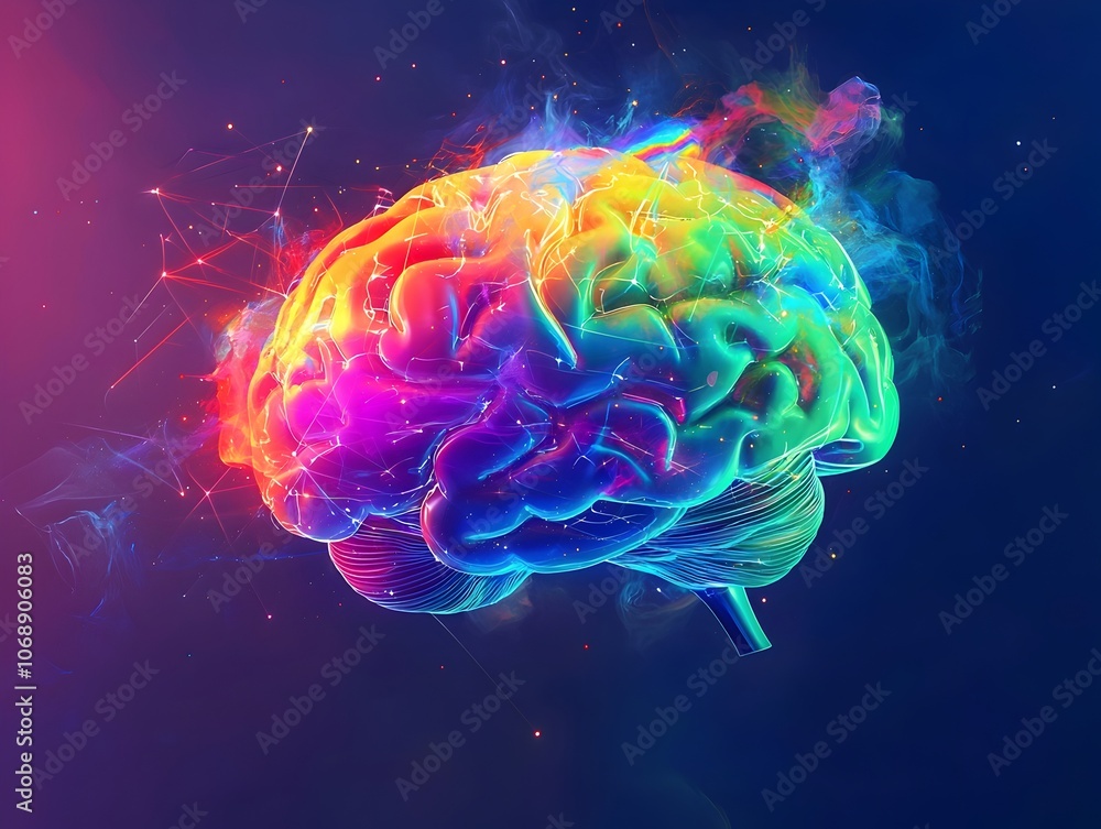 Poster vibrant glowing brain surrounded by abstract shapes and patterns symbolizing endless creativity and 