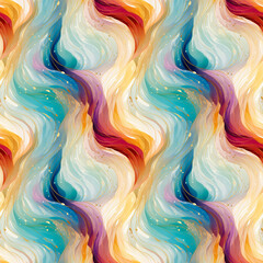 Abstract colorful seamless pattern with waves in yellow, orange, beige or cream, blue or teal, red and purple colors, gold lines and glitter. Watercolor abstract art.