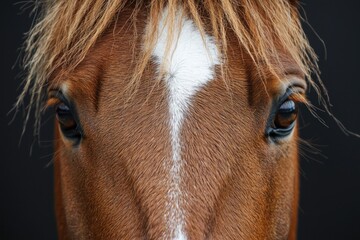 A brown horse with a white patch on its forehead and chest, in a close-up shot against a black background. The background also features the a photorealistic