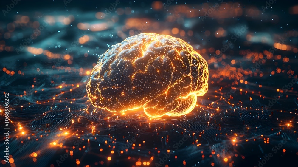 Poster glowing brain at the center of a dynamic neural network representing information processing