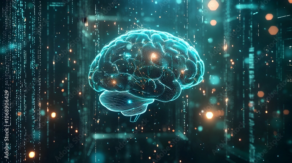 Poster futuristic brain connected to glowing wires floating in digital space with holographic data streams