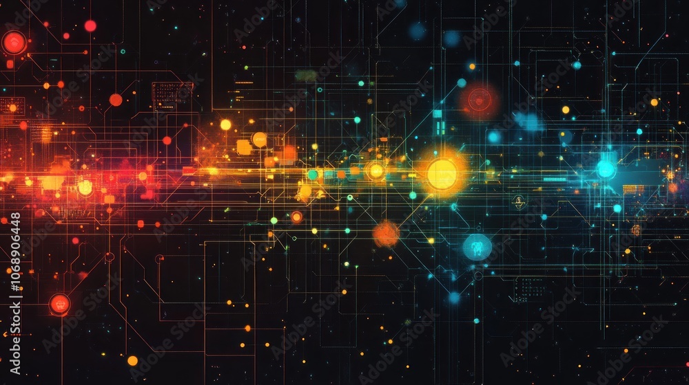 Poster abstract digital background with glowing circuit board lines and colorful nodes.