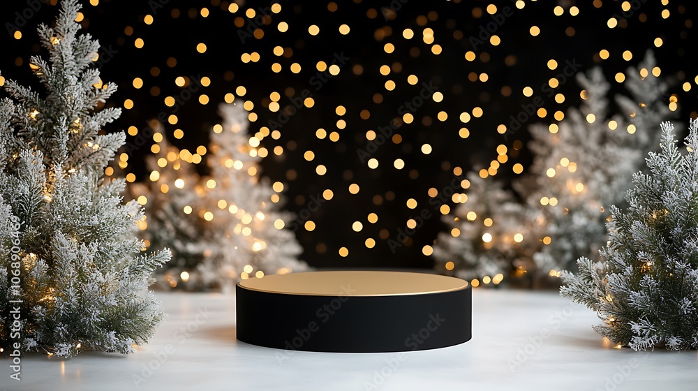 Aufkleber a stylish display stand surrounded by sparkling lights and christmas trees creating a festive atmosp