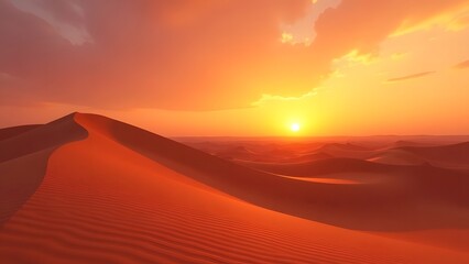 The bright sun is setting slowly over a beautiful sand dune in the vast desert