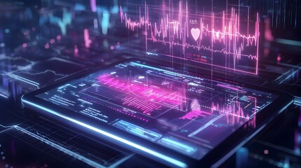 Futuristic Holographic Health Dashboard on Digital Tablet Display with Heart Rate Blood Pressure and Sleep Statistics
