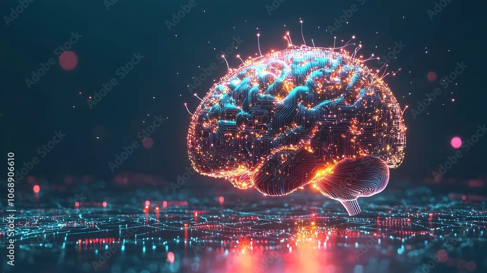 Poster digital brain with glowing neural circuits symbolizing ai driven mental health management