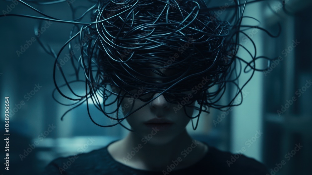 Poster surreal portrait with abstract wire elements