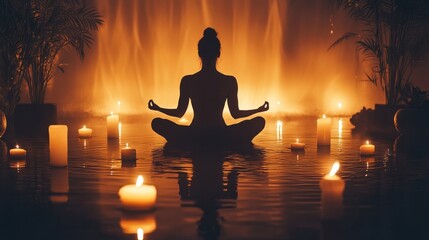 A person meditating in a serene environment, focusing on releasing negative energy surrounded by candlelight and calming scents