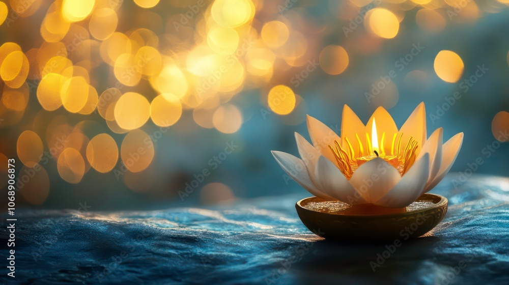 Aufkleber a serene lotus flower illuminated against a backdrop of soft golden bokeh lights.