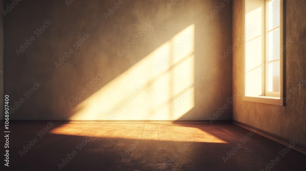 Poster Sunlight streaming through window into empty room. Light beams on wooden floor, creating warm and inviting atmosphere. 