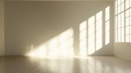 Fototapeta premium Sunlight streams through a window in a minimalist room, creating long shadows on the wall.