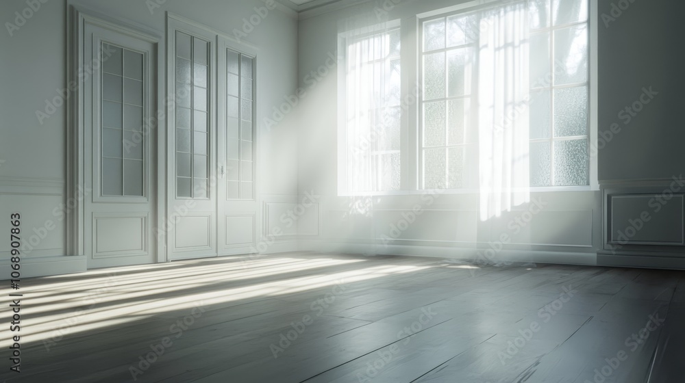 Poster sunlight streaming through window into empty room with wooden floors. minimalist interior design, br