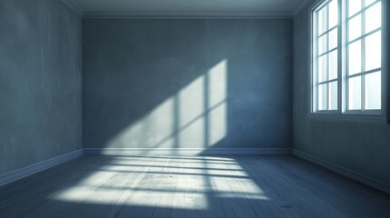 Empty room with sunlight streaming through the window. Minimalist interior design with light and shadows.